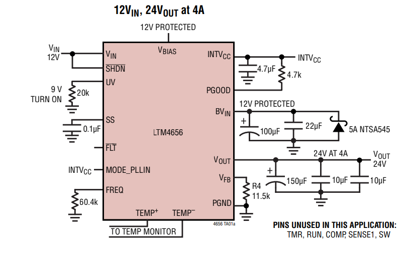 Application Circuit Diagram - Analog Devices Inc. LTM4656/LTM4656-1 Synch Boost μModule® Regulators Application Circuit Diagram - Analog Devices Inc. LTM4656/LTM4656-1 Synch Boost μModule® Regulators